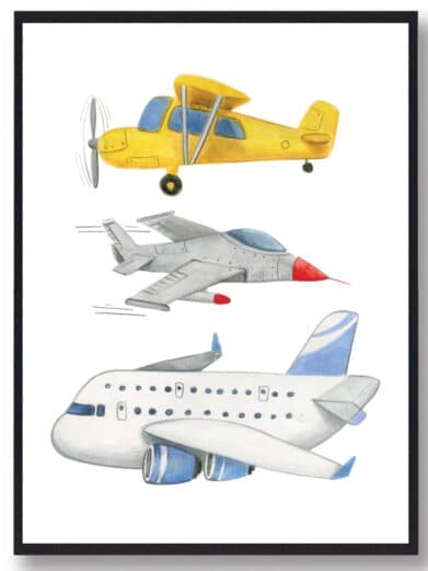 Håndtegnet børneplakat med fly og jagerfly