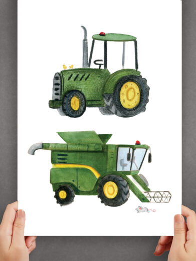 Håndtegnet børneplakat med grøn traktor og mejetærsker