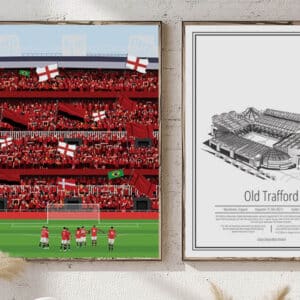Fodbold mobil menu: Illustration af Old Trafford med fans og engelske flag. Bolig indretning.