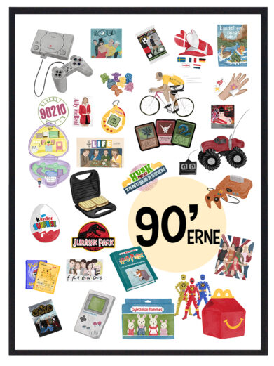 Retroplakat med årtiet 1990, der viser alle de populære og kendte ting fra årtiet