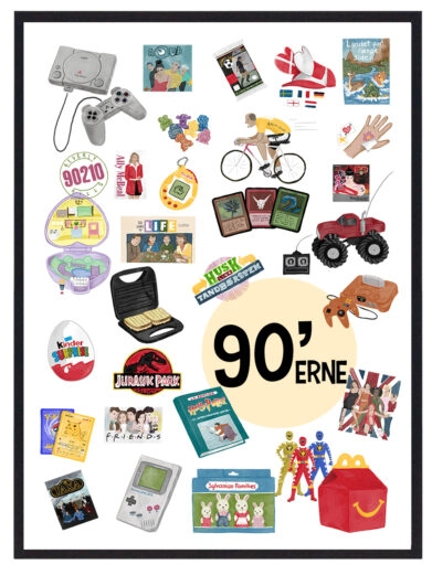 Retroplakat med årtiet 1990, der viser alle de populære og kendte ting fra årtiet