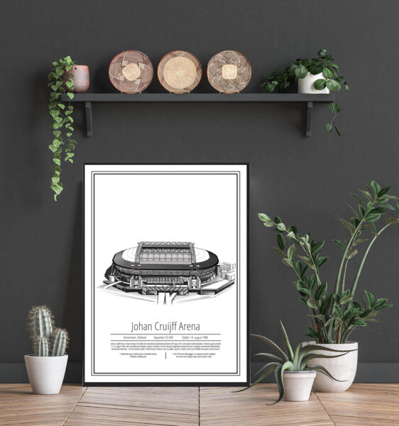 Ajax Amsterdam fodboldplakat med hvid baggrund. Denne hollandske fodboldplakat med Ajax Amsterdams stadion er perfekt, hvis du er fan