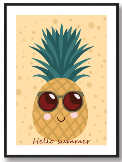Frugtplakat til børn. Plakaten forstiller en ananas og med teksten 'Hello summer'