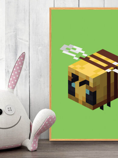 Gamer plakat med Minecraft. Bi fra Minecraft på grøn baggrund