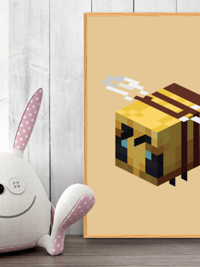 Gamer plakat med Minecraft. Bi fra Minecraft på gul baggrund