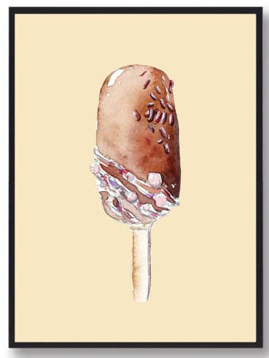 Is - håndtegnet plakat: Watercolor-style art print of a chocolate ice cream bar with sprinkles and icing, framed in black. Sweet treat!