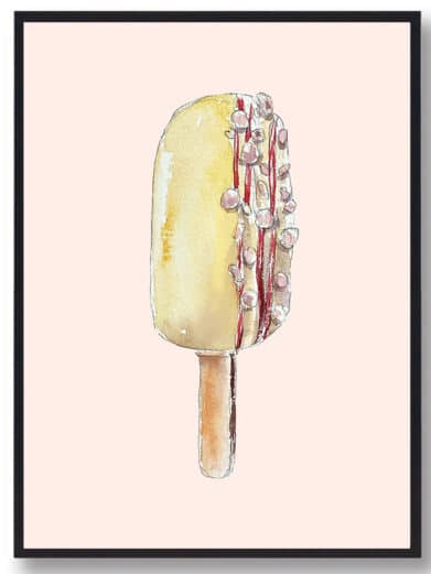 Hand-drawn 'Is' (Ice Cream) poster: A watercolor-style yellow popsicle with red drizzle and pink toppings, framed. Sweet treat art.