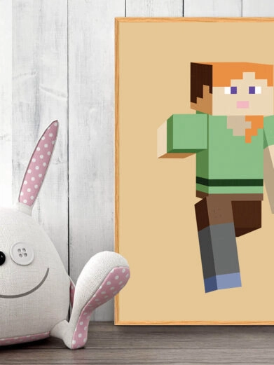 Gamer plakat med Minecraft. Minecraft med Alex på gul baggrund