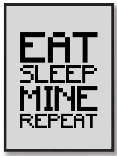 Gamer plakat med Minecraft citat. Minecraft på grå baggrund og teksten 'Eat, Sleep, Mine, Repeat'