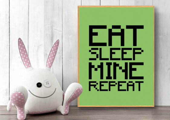 Gamer plakat med Minecraft citat. Minecraft på grøn baggrund og teksten 'Eat, Sleep, Mine, Repeat'