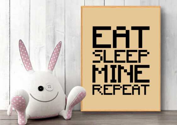 Gamer plakat med Minecraft citat. Minecraft på grå baggrund og teksten 'Eat, Sleep, Mine, Repeat'
