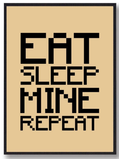 Gamer plakat med Minecraft citat. Minecraft på gul baggrund og teksten 'Eat, Sleep, Mine, Repeat'