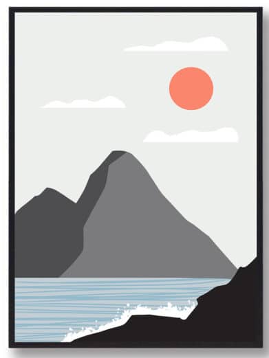 Kunstplakat med havet og bjerge som motiv. Denne boligplakat med kunst er med flot motiv af havet
