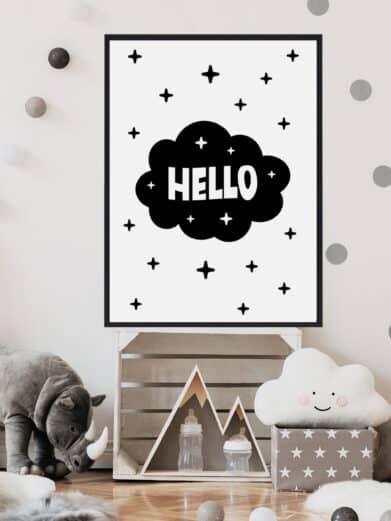 Børneplakat med teksten "hello". Plakaten er i farverne sort-hvid, og passer perfekt til børneværelset.