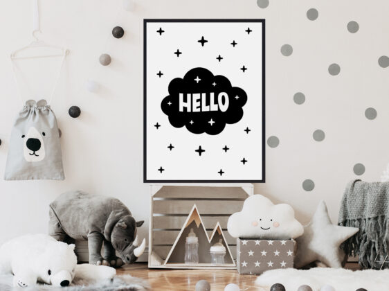 Børneplakat med teksten "hello". Plakaten er i farverne sort-hvid, og passer perfekt til børneværelset.