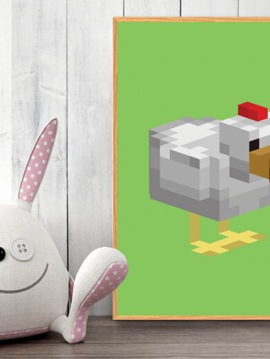 Gamer plakat med Minecraft. Høne fra Minecraft på grøn baggrund