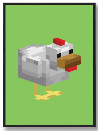 Gamer plakat med Minecraft. Høne fra Minecraft på grøn baggrund