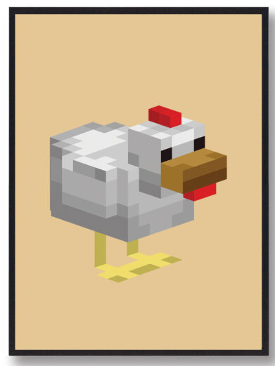 Gamer plakat med Minecraft. Høne fra Minecraft på gul baggrund