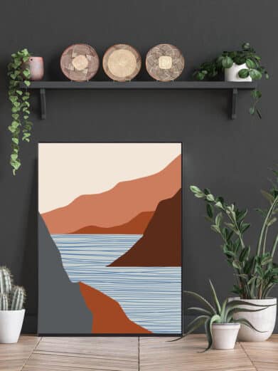 Kunstplakat med bjerge og havet. Denne boligplakat med kunst er med flot motiv af bjerg som går ned i vandet