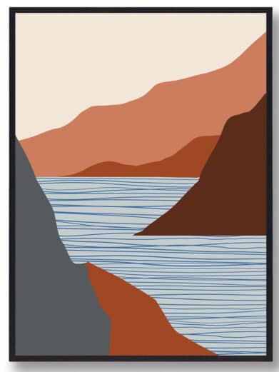 Kunstplakat med bjerge og havet. Denne boligplakat med kunst er med flot motiv af bjerg som går ned i vandet