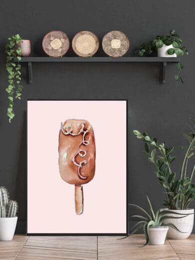 Hand-drawn Is plakat: Watercolor chocolate ice cream bar with white drizzle on a pink background. Sweet treat wall art.