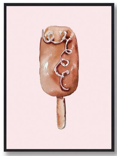 Watercolor "Is" poster: Brown ice cream bar with white drizzle on a light pink background. Perfect for kids' rooms!