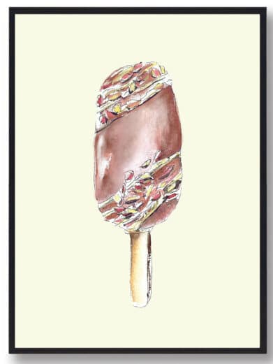 Is - håndtegnet plakat: Hand-drawn ice cream poster featuring a chocolate-covered ice cream bar with nut sprinkles, watercolor style.