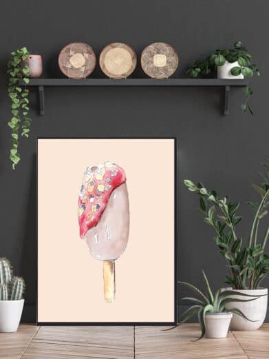 Is - håndtegnet plakat: Hand-drawn watercolor ice cream poster. Soft pinks and browns, detailed topping. Perfect for kids' room decor.