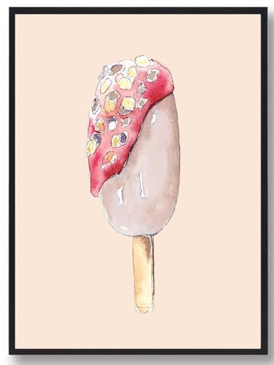 Hand-drawn ice cream poster: Whimsical watercolor art print of an ice cream bar with red topping and polka dots.