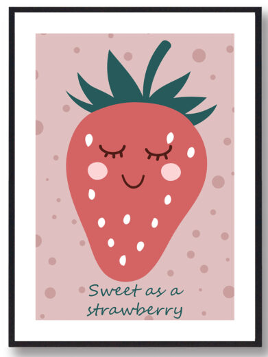 Frugtplakat til børn. Plakaten forstiller jordbær og med teksten 'Sweet as a strawberry'