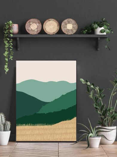 Kunstplakat med bjerge og kornmark. Denne boligplakat med kunst er med flot motiv af kornmark