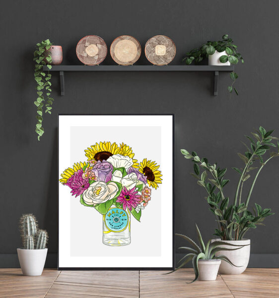 Plakat med Malfy flaske med blomster og grå baggrund