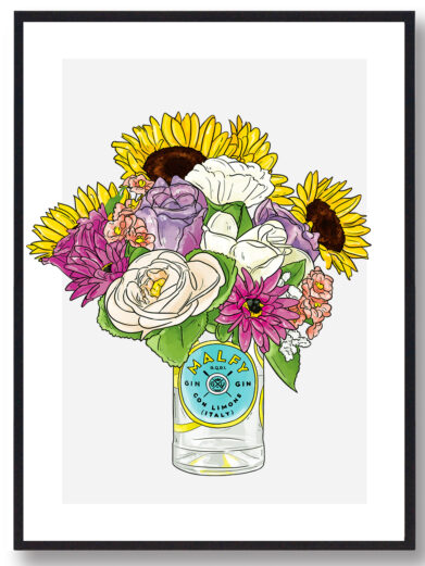 Plakat med Malfy flaske med blomster og grå baggrund