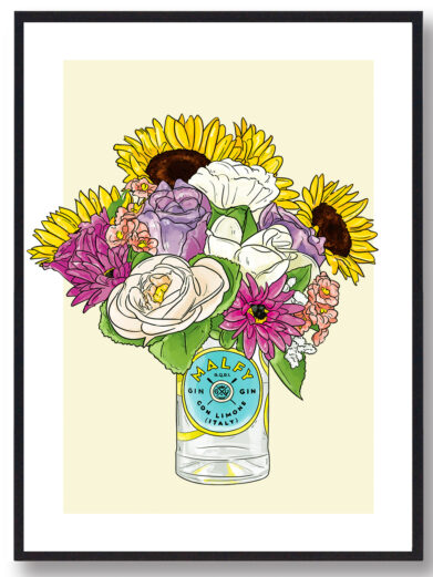 Plakat med Malfy flaske med blomster og gul baggrund