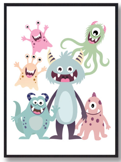 Sød monster plakat til børn. Plakaten har mange forskellige monster på