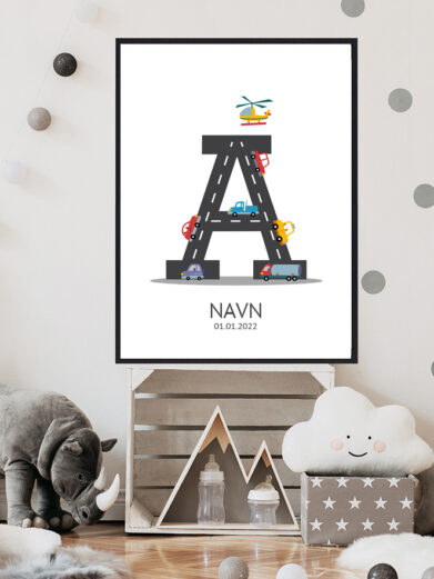 Navnetavle plakat med bogstavet A. Der er traktor, fly, både på denne navnetavle med bogstavet A.