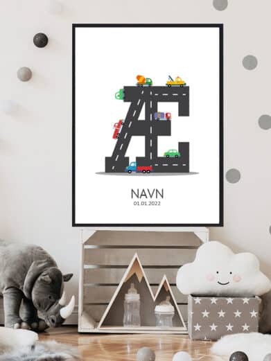 Navnetavle plakat med bogstavet Æ. Der er traktor, fly, både på denne navnetavle med bogstavet Æ.