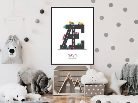 Navnetavle plakat med bogstavet Æ. Der er traktor, fly, både på denne navnetavle med bogstavet Æ.