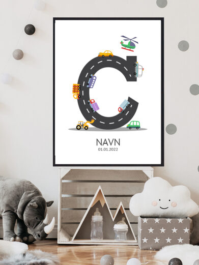 Navnetavle plakat med bogstavet C. Der er traktor, fly, både på denne navnetavle med bogstavet C.