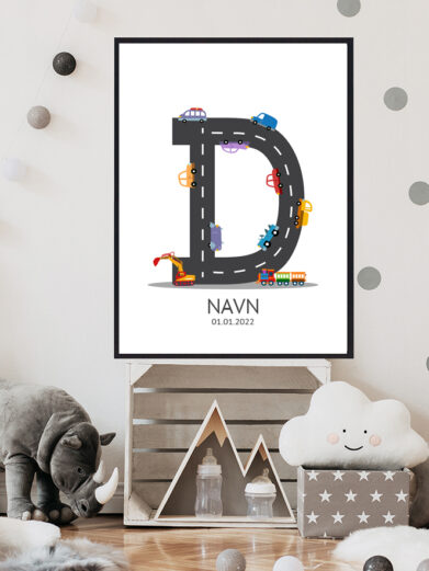 Navnetavle plakat med bogstavet D. Der er traktor, fly, både på denne navnetavle med bogstavet D.