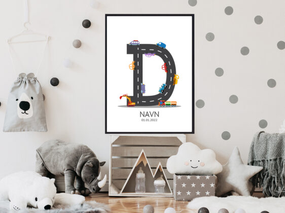 Navnetavle plakat med bogstavet D. Der er traktor, fly, både på denne navnetavle med bogstavet D.