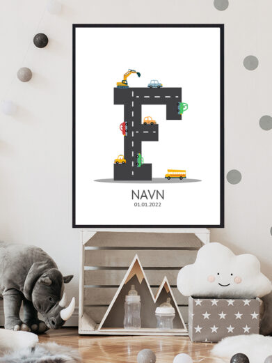 Navnetavle plakat med bogstavet F. Der er traktor, fly, både på denne navnetavle med bogstavet F.