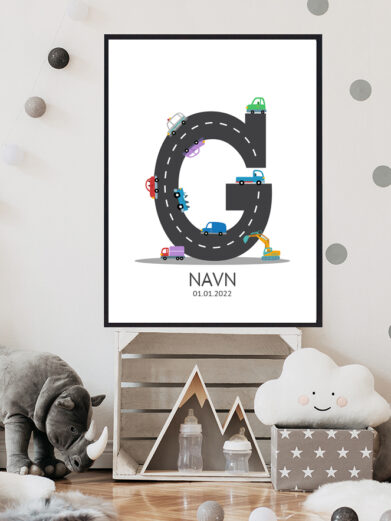 Navnetavle plakat med bogstavet G. Der er traktor, fly, både på denne navnetavle med bogstavet G.