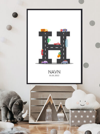 Navnetavle plakat med bogstavet H. Der er traktor, fly, både på denne navnetavle med bogstavet H.
