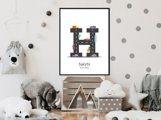 Navnetavle plakat med bogstavet H. Der er traktor, fly, både på denne navnetavle med bogstavet H.