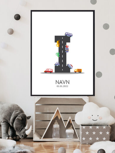 Navnetavle plakat med bogstavet I. Der er traktor, fly, både på denne navnetavle med bogstavet I.