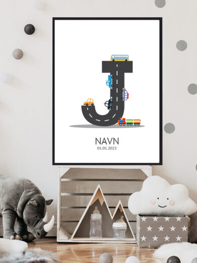 Navnetavle plakat med bogstavet J. Der er traktor, fly, både på denne navnetavle med bogstavet J.