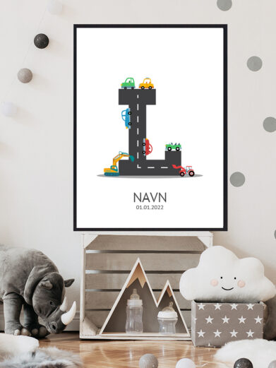 Navnetavle plakat med bogstavet L. Der er traktor, fly, både på denne navnetavle med bogstavet L.