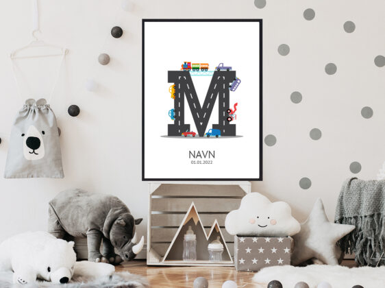 Navnetavle plakat med bogstavet M. Der er traktor, fly, både på denne navnetavle med bogstavet M.