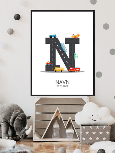 Navnetavle plakat med bogstavet N. Der er traktor, fly, både på denne navnetavle med bogstavet N.